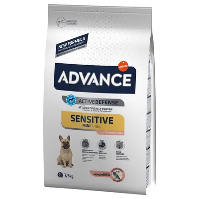 Advance Active Defense Sensitive Mini 1–10 kg med laks og ris, 7,5 kg. For hunde med fordøjelsesfølsomhed. Animal Monoprotein Salmon. Ingen kunstige konserveringsmidler eller farvestoffer.
