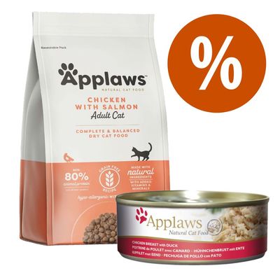 Applaws Natural Cat Food karma sucha dla kotów dorosłych Chicken with Salmon, 80% białka zwierzęcego, bez zbóż, puszka z piersią kurczaka i kaczką, znak procentowy oznaczający promocję.