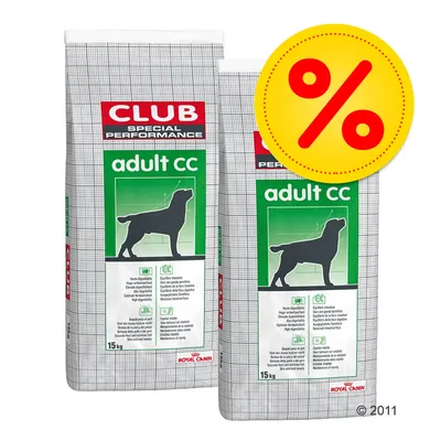 Två säckar Royal Canin Club Special Performance adult cc hundfoder 15 kg med siluett av hund och stor gul rabatt-symbol (%) uppe till höger.