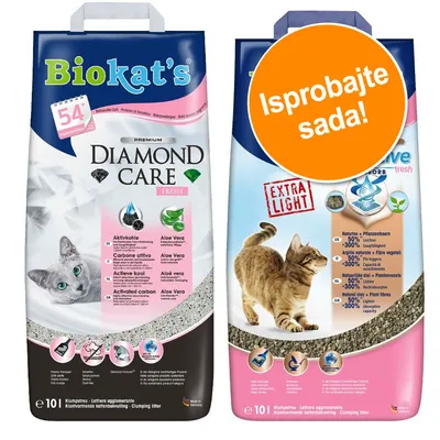 Dvije vreće Biokat's pijeska za mačke, Diamond Care Fresh 10 l i Active Fresh Extra Light 10 l, s natpisima 'Aktivkohle', 'Aloe Vera', 'EXTRA LIGHT' i narančastim krugom 'Isprobajte sada!'. Dvije vreće Biokat's pijeska za mačke, Diamond Care Fresh 10 l i Active Fresh Extra Light 10 l, s natpisima 'Aktivkohle', 'Aloe Vera', 'EXTRA LIGHT' i narančastim krugom 'Isprobajte sada!'.