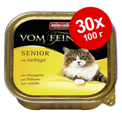 animonda Vom Feinsten SENIOR mit Geflügel, 30×100 г. На упаковке изображена кошка и текст на нескольких языках о содержании птицы.