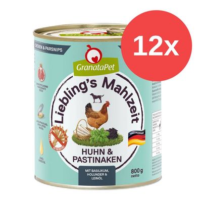 GranataPet Liebling's Mahlzeit Kurczak i pasternak, z bazylią, czarnym bzem i olejem lnianym, 800 g, 12x, wyprodukowane w Niemczech.