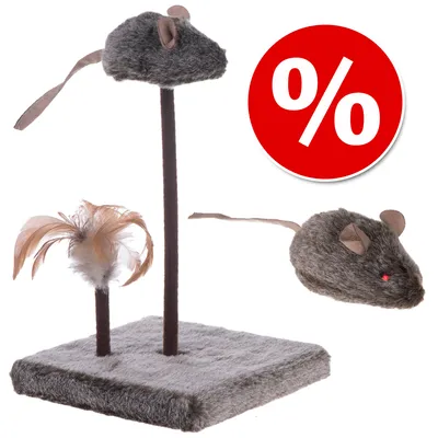 Cat toy with faux fur mice on posts, feather detail, and square base. Red circle with white percent symbol indicates special offer or discount.