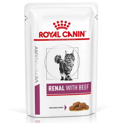Pouch labelled 'Renal with Beef', showing thin slices in gravy and a cat image, with the word 'Veterinary' on the side.