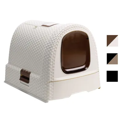 Kattenbak met dichte kap, rattanstructuur van kunststof, klapdeur aan de voorkant. Drie kleurvarianten zichtbaar: wit-bruin, zwart, taupe.