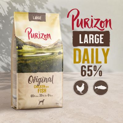 Purizon Large Original Kana ja Kala, 65 % kanaa ja kalaa, 35 % muita ainesosia, 0 % viljaa, 12 kg. DAILY 65%.