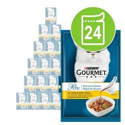 Purina Gourmet Perle kattenvoer, 24 stuks. Op de verpakking: met kip in saus, afbeelding van witte kat en bakje natvoer. Groot groen pictogram met het getal 24 zichtbaar. Purina Gourmet Perle kattenvoer, 24 stuks. Op de verpakking: met kip in saus, afbeelding van witte kat en bakje natvoer. Groot groen pictogram met het getal 24 zichtbaar.