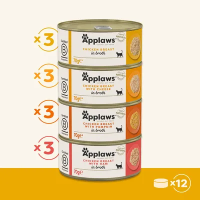 Lot de 12 boîtes Applaws 70g : 3 poulet, 3 poulet-fromage, 3 poulet-potiron, 3 poulet-jambon. Texte visible en anglais sur les étiquettes. Certifié B Corporation.