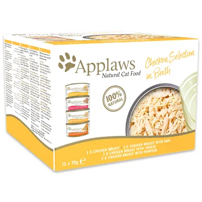 Applaws Natural Cat Food Chicken Selection in Broth, 100 % natural. 12 x 70 g: 3 x kananrinta, 3 x kananrinta & kinkku, 3 x kananrinta & juusto, 3 x kananrinta & kurpitsa.