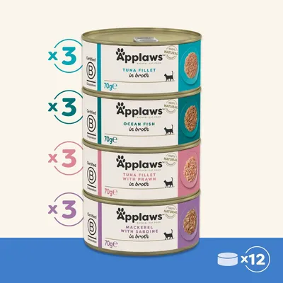 Pack contains 3 tins each of tuna fillet, ocean fish, tuna fillet with prawn, and mackerel with sardine in broth, 70g per tin, total 12 tins.