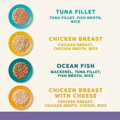 Tuna Fillet: tuna fillet, fish broth, rice. Chicken Breast: chicken breast, chicken broth, rice. Ocean Fish: mackerel, tuna fillet, fish broth, rice. Chicken Breast with Cheese: chicken breast, chicken broth, cheese, rice.
