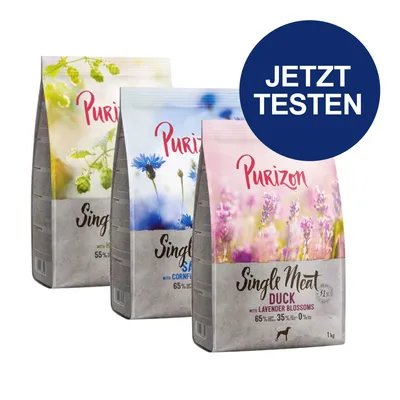 Probierpaket Purizon Single Meat 3 x 1 kg - Mix (Ente mit Apfel, Lachs mit Spinat, Lamm mit Erbsen) Probierpaket Purizon Single Meat 3 x 1 kg - Mix (Ente mit Apfel, Lachs mit Spinat, Lamm mit Erbsen)