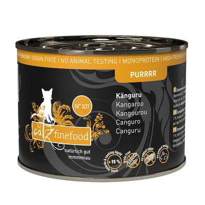 catz finefood No. 107, wet food for cats with kangaroo, grain-free, no added sugar, single protein, 98% meat content, no animal testing.