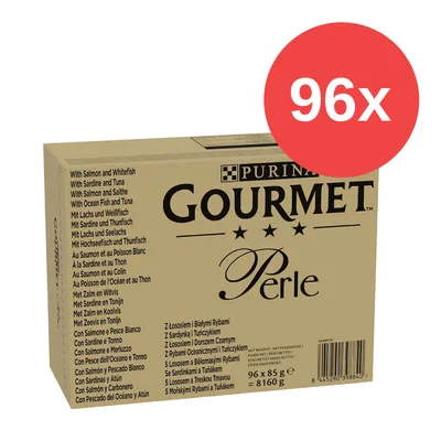 Purina Gourmet Perle, 96x85g Packung mit verschiedenen Fischsorten, Gesamtgewicht 8160g.