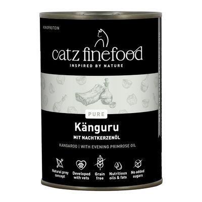 catz finefood Pure Canguro con olio di enotera, senza cereali, sviluppato con veterinari, oli e grassi ricchi di nutrienti, senza aggiunta di zucchero