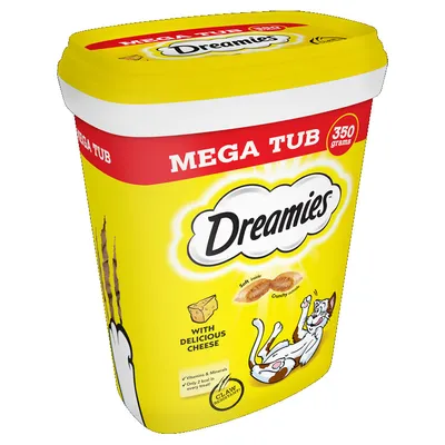 Dreamies Mega Tub 350 grams with delicious cheese, soft inside and crunchy outside, contains vitamins and minerals, only 2 kcal per treat, claw resistant tub.