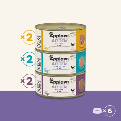 Zestaw 6 puszek Applaws Kitten: 2x Chicken in jelly, 2x Tuna Fillet in jelly, 2x Sardine in jelly, każda po 70 g. Certyfikat B Corporation widoczny na etykietach. Zestaw 6 puszek Applaws Kitten: 2x Chicken in jelly, 2x Tuna Fillet in jelly, 2x Sardine in jelly, każda po 70 g. Certyfikat B Corporation widoczny na etykietach.