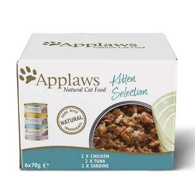 Applaws Natural Cat Food Kitten Selection, 6x70g. Okusi: 2x piščanec, 2x tuna, 2x sardina. Izdelano iz naravnih sestavin.