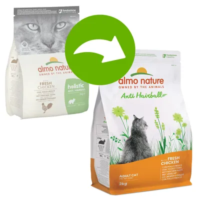 Almo Nature Anti Hairball Adult Cat dry food with fresh chicken, 2kg pack. Holistic Anti Hairball variant also visible.