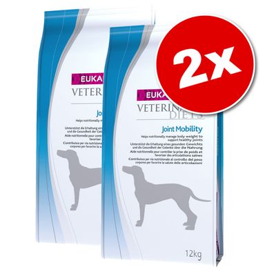 Lot de 2 sacs Eukanuba Veterinary Diets Joint Mobility, 12 kg chacun, pour chien. Texte visible : Joint Mobility, contribue à la gestion du poids et à la santé des articulations.