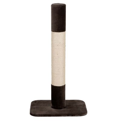 Tiragraffi per gatti con base rettangolare rivestita in tessuto scuro e colonna centrale avvolta in sisal chiaro, senza marchi visibili.