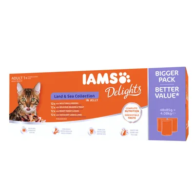 IAMS Delights Land & Sea Collection in Jelly для взрослых кошек, 48×85 г. Варианты: тунец и сельдь, лосось и форель, индейка и утка, ягненок и печень. Полнорационный корм.
