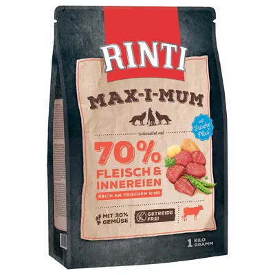 Rinti Max-i-mum 70% Fleisch & Innereien, reich an frischem Rind, mit 30% Gemüse, getreidefrei, confezione da 1 kg. Testo in tedesco.