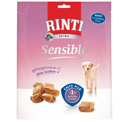 Rinti Extra Sensible, lyofilizované, bez přísad. Čistá kachna s č. 1 živočišným proteinem. Pro citlivé psy.