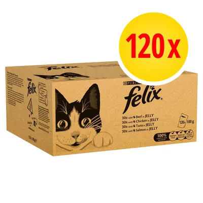 Felix kattenvoer multipack, 120 x 100 g. Bevat: 30x rund in gelei, 30x kip in gelei, 30x tonijn in gelei, 30x zalm in gelei. 100% compleet en gebalanceerd. Felix kattenvoer multipack, 120 x 100 g. Bevat: 30x rund in gelei, 30x kip in gelei, 30x tonijn in gelei, 30x zalm in gelei. 100% compleet en gebalanceerd.