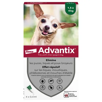Advantix® très petit chien jusqu'à 4 kg - 4 mois de protection (4 pipettes) Advantix® très petit chien jusqu'à 4 kg - 4 mois de protection (4 pipettes)