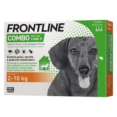 Confezione Frontline Combo Spot-On Cani P, 3 pipette da 0,67 ml, elimina pulci, zecche e pidocchi masticatori, per cani 2–10 kg. Fipronil 10% w/v + (S)-methoprene 9% w/v.