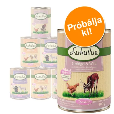 Lukullus Junior konzerv válogatás, 400 g-os kiszerelés, látható ízek: Geflügel & Wild, Huhn & Kalb, Putenherzen & Lamm. Narancssárga körben: Próbálja ki!