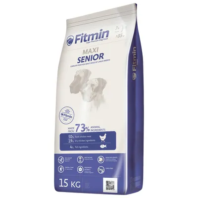 Fitmin Maxi Senior, krmivo pre veľké plemená psov od 7 rokov, 15 kg. 73 % živočíšnych zložiek, bez pšenice, anti-aging komplex, zdravé kĺby, starostlivosť o zuby, bez GMO.