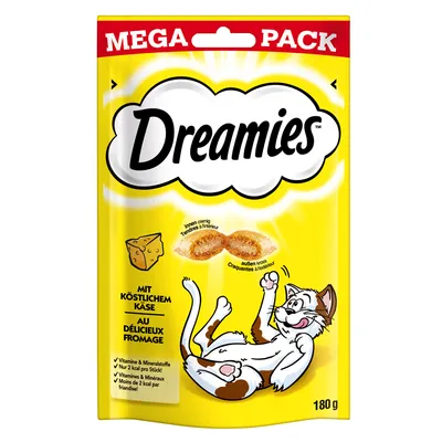 Dreamies Mega Pack con delicioso queso, interior cremoso, exterior crujiente. Vitaminas y minerales, solo 2 kcal por unidad. 180g.