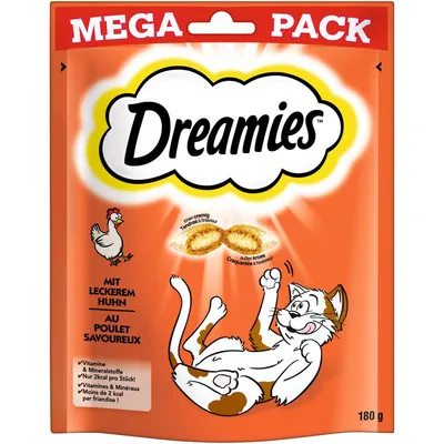 Dreamies Mega Pack s slastnim piščancem, kremno polnilo, hrustljava tekstura, vitamini in minerali, le 2 kcal na kos, 180 g.