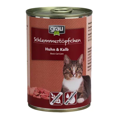 Консерва для кошек grau Schlemmertöpfchen Huhn & Kalb. Надписи: Basic Cat Care, getreidefrei, ohne Sojaproteine. Изображение кота и кусочков мяса на этикетке.