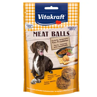 Vitakraft Meat Balls, friandises pour chien, recette sans sucre, mini-boulettes de viande maison, photo d’un chien et boulettes visibles sur l’emballage.