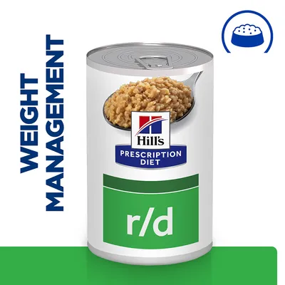 Hill's Prescription Diet r/d konzerv, felirattal: WEIGHT MANAGEMENT. Zöld-fehér címke, kanálon eledel látható.