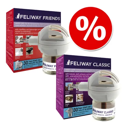 Feliway Friends en Feliway Classic startsets, elk met verdamper en flacon 48 ml, zichtbaar op de verpakking. Rood kortingssymbool met wit procentteken rechtsboven.