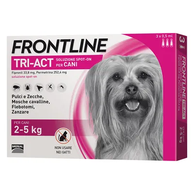 FRONTLINE TRI-ACT soluzione spot-on per cani 2–5 kg, 3 x 0,5 ml. Fipronil 33,8 mg, Permetrina 252,4 mg. Pulci, zecche, mosche cavalline, flebotomi, zanzare. Non usare nei gatti.