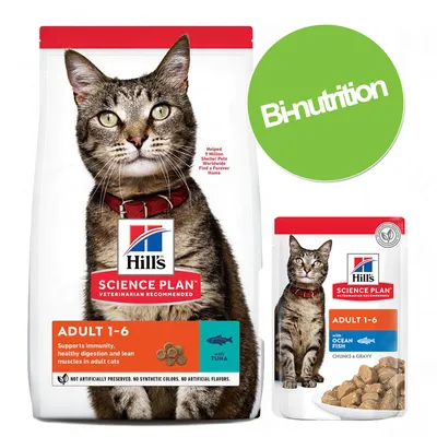 Hill's Science Plan ADULT 1-6 pour chats, croquettes au thon et sachet repas au poisson de l'océan. Texte visible : Bi-nutrition. Recommandé par les vétérinaires.