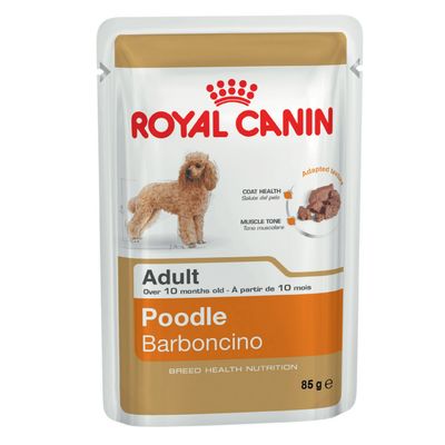 Royal Canin Poodle Barboncino Adult våtfoder, 85 g. För hundar över 10 månader. Synlig text: Coat Health, Muscle Tone, Adapted texture.