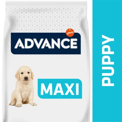 ADVANCE affinity MAXI PUPPY koiranruokapakkaus, etupuolella istuva vaalea pentukoira, teksti näkyvissä pakkauksessa ADVANCE affinity MAXI PUPPY koiranruokapakkaus, etupuolella istuva vaalea pentukoira, teksti näkyvissä pakkauksessa