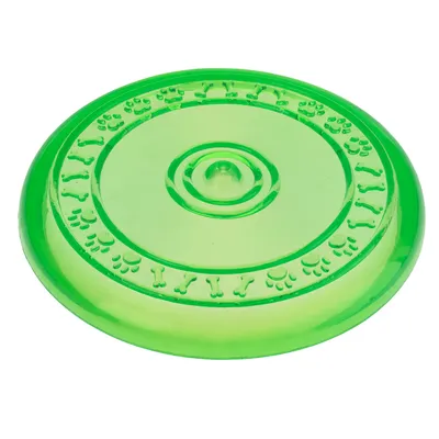 Grüner Kunststoff-Frisbee mit Knochen- und Pfotenmuster am Rand, geeignet für Wurfspiele.