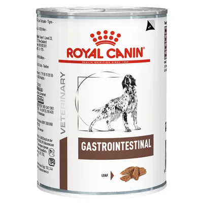 Blik Royal Canin Veterinary Gastrointestinal hondenvoer, afbeelding van hond, tekst: GASTROINTESTINAL, LOAF. Bruine brokjes zichtbaar op het etiket.