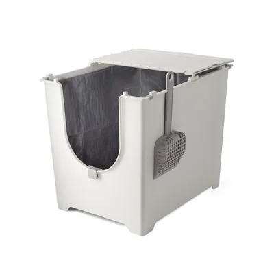 Weisse Katzenstreubox mit grauem Innenfutter und integrierter Streuschaufel an der Seite.