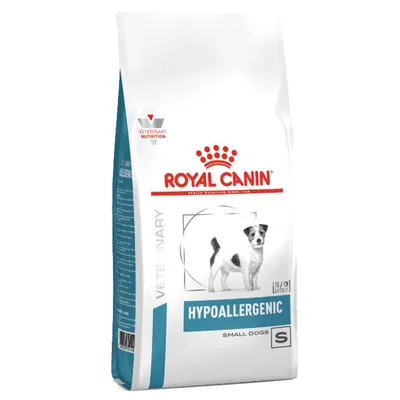 Confezione Royal Canin Hypoallergenic Small Dogs S, immagine di un cane piccolo, testo visibile: VETERINARY NUTRITION, HYPOALLERGENIC, S/O INDEX, SMALL DOGS, S.