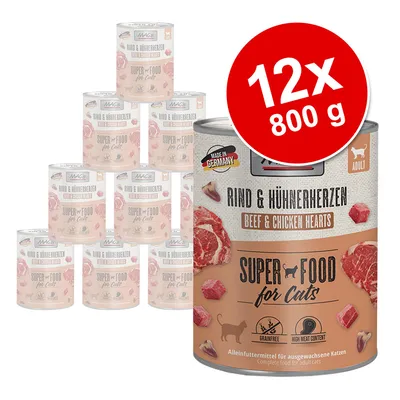 MAC's Super Food dla kotów, wołowina i serca kurczaka, 12x800g. Wyprodukowano w Niemczech, bez zbóż, wysoka zawartość mięsa. Pełnoporcjowa karma dla dorosłych kotów.