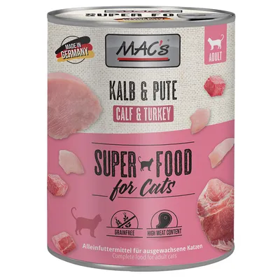 MAC's Kalb & Pute Calf & Turkey, Super Food for Cats, Adult, Made in Germany, Grainfree, High Meat Content. Aliment complet pour chats adultes, boîte rose avec morceaux de viande visibles.
