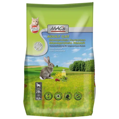 MAC's ADULT CAT Monoprotein Rabbit суха храна за котки, 29 % протеин, 18,5 % мазнини, без зърнени и картофи. Made in Austria. Текст на немски и английски език.
